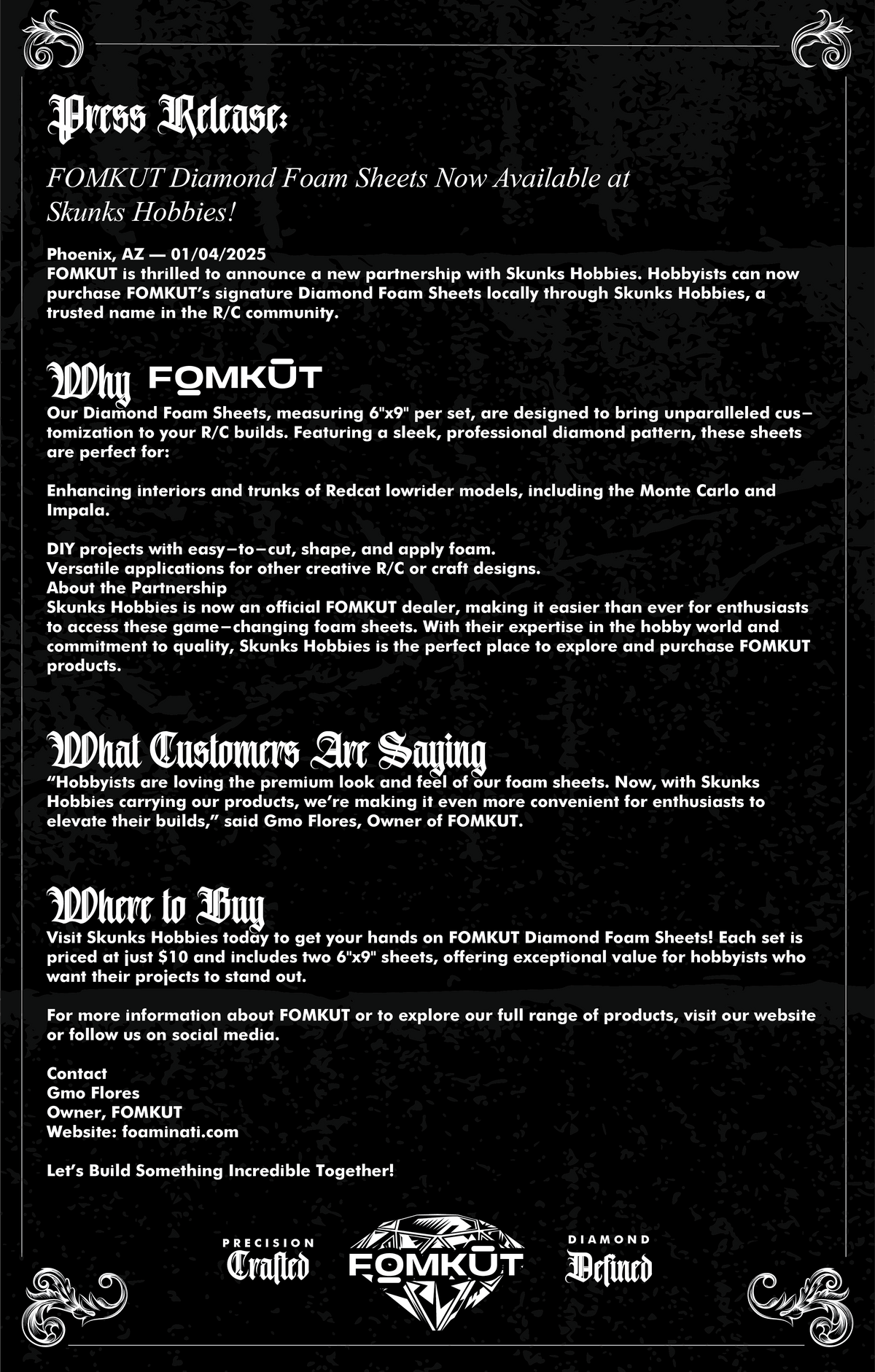 Press Release: FOMKUT Diamond Foam Sheets Now Available at Skunks Hobbies!