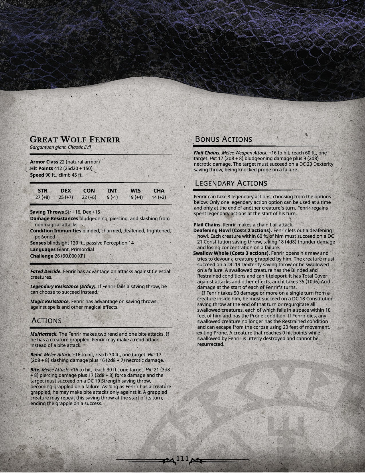 Great Wolf Fenrir - stat block