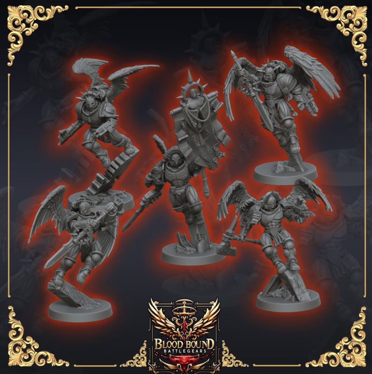 Blood Bound Battlegears Miniatures – Hero Commander & Flying Paladin Squad | 32mm Scale Resin Set